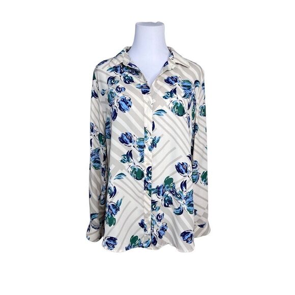 Banana Republic Blue Cream Lattice Floral Print Collar Classic Fit Blouse MEDIUM - Picture 1 of 9